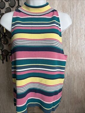 Maeve Striped Mock Neck Tank in Teal, Pink, Yellow & Navy